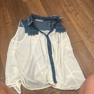 Chic Denim-Trimmed White Blouse